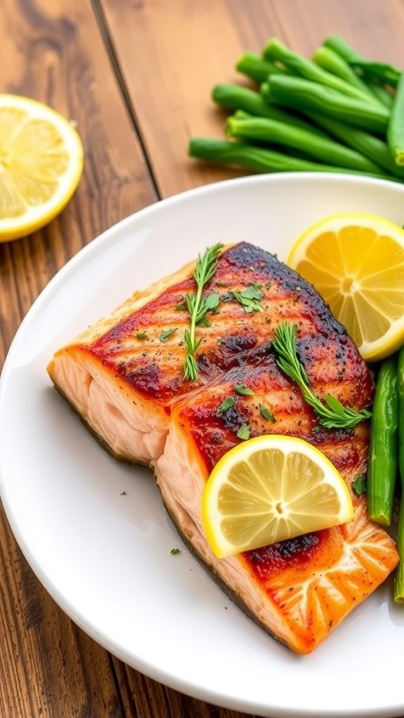 Air Fryer Salmon with Trader Joe Air fryer salmon fillet garnished with herbs and lemon on a plate, with vegetables on the side.
